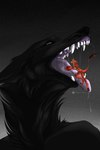 ambiguous_gender anthro black_body black_fur black_nose black_pawpads bodily_fluids cheek_tuft drooling duo facial_tuft fangs female fur in_mouth mawplay micro neck_tuft nude open_mouth orange_body orange_fur pawpads piercing purple_tongue red_eyes saliva saliva_string tail tail_tuft teeth tongue tongue_piercing tuft yellow_body yellow_fur msdeadsoul canid canine mammal 2:3 absurd_res hi_res