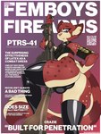 anthro bulge bullet butt clothing femboy gun hand_on_butt legwear machine_gun male qr_code ranged_weapon rifle solo text thigh_highs topwear vest weapon marcus_gray felid feline mammal 3:4 cover english_text hi_res magazine_cover