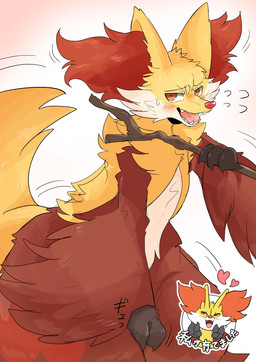 after_transformation anthro bedroom_eyes black_body black_fur blush bodily_fluids bottomless clothed clothing duo evolution evolution_(transformation) fur gesture hand_gesture heart_symbol implied_transformation inner_ear_fluff male narrowed_eyes nervous nude open_mouth orange_body orange_fur red_body red_eyes red_fur seductive stick sweat text topwear transformation tuft v_sign yellow_body yellow_fur yakumomidori1 nintendo pokemon delphox generation_6_pokemon pokemon_(species) headshot_portrait hi_res japanese_text portrait