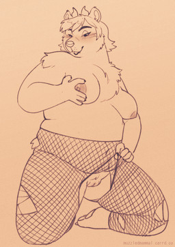 anthro areola arm_tuft belly big_belly big_breasts blush breast_grab breasts brown_background cheek_tuft chest_tuft claws clothing cute_fangs eyebrows eyelashes facial_tuft fangs female finger_claws fishnet_clothing fishnet_legwear genital_scar genitals hair hand_on_breast hip_tuft horn legwear mostly_nude navel nipples overweight overweight_anthro overweight_female pawpads round_ears scar self_grope shoulder_tuft simple_background snout solo teeth text thick_thighs toe_claws torn_clothing torn_fishnet_clothing tuft vaginoplasty_scar vulva cowcollar solari_(bearnaise) bear cinnamon_bear mammal 2025 hi_res sketch url trans_(lore) trans_woman_(lore)