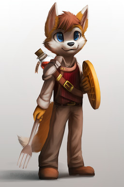 5_fingers anthro black_nose blue_eyes brown_hair clothed clothing cutlery fingers food fork fur hair kitchen_utensils male orange_body orange_fur simple_background smile solo standing syrup text tools waffle white_background white_body white_fur thanshuhai canid canine fox mammal 2013 2:3 digital_media_(artwork) digital_painting_(artwork) english_text hi_res painting_(artwork)