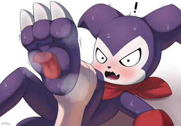 blush bodily_fluids exclamation_point feet first_person_view foot_fetish foot_focus foot_lick foot_play human_pov licking male open_mouth saliva saliva_on_foot sex shortstack shortstack_male tongue pawsolie bandai_namco digimon digimon_(species) human imp impmon mammal absurd_res digital_media_(artwork) hi_res