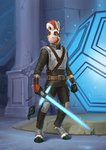 anthro belt_buckle blue_lightsaber clothed clothing conqista crossguard_lightsaber detailed_background disney equid equine jedi lightsaber male mammal melee_weapon solo standing star_wars temple weapon zebra