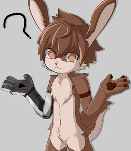 4_fingers ahoge ambiguous_gender anthro arm_tuft brown_body brown_eye brown_fur brown_markings brown_pawpads brown_stripes chest_tuft crotch_tuft ear_tuft facial_tuft fingers fur gesture hair markings multicolored_body pawpads pink_nose prosthetic prosthetic_arm prosthetic_limb question_mark shoulder_tuft shrug simple_background solo standing stripes tail tuft two_tone_body white_body white_fur white_inner_ear young young_anthro gaogomon lagomorph leporid mammal rabbit 2022 absurd_res hi_res
