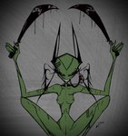 antennae_(anatomy) blood bodily_fluids breasts claws female genitals grin machete melee_weapon nipples not_furry piercing presenting presenting_pussy pussy sharp_teeth sitting smile surgical_suture teeth threatening_with_weapon tongue tongue_out weapon darkryn_(artist) invader_zim nickelodeon vyk_(ryn) alien humanoid irken hi_res