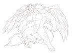2014 anthro asian_mythology biceps black_and_white dragon draxial east_asian_mythology eastern_dragon feathered_wings feathers fur furred_dragon hair halo horn keeyrow male mane mane_hair monochrome muscular muscular_anthro muscular_male mythological_creature mythological_scalie mythology nude pecs scales scalie solo tail weapon whiskers wings