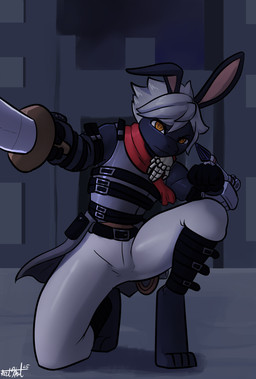belt black_rabbit_brotherhood bottomwear city clothed clothing crouching hair melee_weapon pants puppet scarf shirt sword topwear weapon white_hair yellow_eyes bear213 lies_of_p lagomorph leporid mammal rabbit hi_res