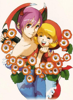 bat_wings blonde_hair duo feigning_innocence female gun hair head_wings imminent_death membrane_(anatomy) membranous_wings ranged_weapon unusual_wing_placement weapon wings capcom darkstalkers b.b._hood lilith_aensland bat humanoid mammal succubus official_art