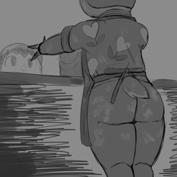 anthro apron big_butt bottomless butt cake clothed clothing dessert female food grey_background hair hand_print hand_print_on_butt pattern_clothing pattern_shirt pattern_topwear rear_view shirt short_hair simple_background solo thick_thighs topwear wide_hips mobi_mobi animal_crossing nintendo chelsea_(animal_crossing) deer mammal 1:1 hi_res monochrome