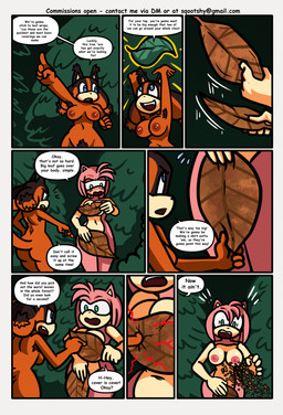 anthro areola armpit_hair belly big_breasts blue_eyes body_hair breasts brown_armpit_hair brown_body brown_fur brown_pubes covering covering_breasts covering_crotch covering_self covering_vulva dialogue duo female forest fur green_eyes hair leaf nipples nude nude_anthro nude_female orange_body orange_fur pink_areola pink_body pink_fur pink_hair pink_nipples pink_quills plant pubes quills_(anatomy) speech_bubble tan_arms tan_belly tan_breasts tan_hands tan_inner_ear text tree himitsu sqootshy sega sonic_boom sonic_the_hedgehog_(series) amy_rose sticks_the_jungle_badger badger eulipotyphlan hedgehog mammal mustelid musteline 2026 absurd_res comic english_text hi_res multiple_scenes