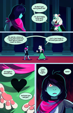 3_toes 4_fingers anthro armor barefoot blue_body cape clothing dark_hair dialogue duo eyes_closed eyewear feet fingers fur glasses hair hair_over_eye hair_over_eyes happy head_tuft heart_symbol horn long_ears looking_at_another male pawpads pillar red_carpet red_eyes robe scarf shadowed_face shirt smile speech_bubble surprised surprised_face talking_to_another text toes topwear tuft tunic white_body white_fur lynxgriffin deltarune undertale_(series) kris_dreemurr ralsei bovid caprine darkner goat human mammal comic english_text hi_res shaded