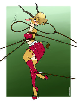 anthro bdsm blush bondage border bound breasts cleavage clothed clothing female footwear high_heels hooves lasso midriff restraints rope rope_bondage shoes solo white_border spiderweber disney zootopia gazelle_(zootopia) antelope bovid gazelle mammal absurd_res hi_res