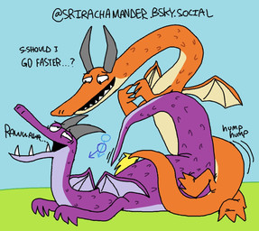 dialogue duo feral gender_symbol genitals horn humping looking_pleasured male male/male male_symbol male_symbol_penetrating male_symbol_penetration orange_body penis purple_body rawr sex symbol text wings srirachamander mythology dragon mythological_creature mythological_scalie scalie english_text hi_res