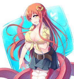:d accessory apode arm_under_breasts belt big_breasts blonde_hair bottomwear breast_squish breasts cleavage clothed clothing fangs female front-tie_top hair hair_accessory hairclip heart_symbol holding_breast humanoid_pointy_ears legless long_hair looking_at_viewer monster_girl_(genre) open_mouth pink_hair pointy_ears pupils red_hair scales serpentine shirt skirt slit_pupils smile solo split_form squish supporting_breasts teeth tied_shirt topwear yellow_eyes blueberry_(artist) monster_musume miia_(monster_musume) animal_humanoid draconcopode humanoid lamia reptile reptile_humanoid scalie scalie_humanoid snake snake_humanoid hi_res
