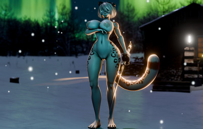 aurora_(phenomenon) blue_eyes blurred_background bodily_fluids breasts female genitals hair holding_breast holding_object holding_weapon katana lactating looking_at_viewer markings melee_weapon milk nude plant snow snowing solo sword tail tree vulva weapon white_body white_hair goldenfoxythefox flapcats_(modeler) mayosplash_(modeler) nier_automata platinumgames yorha_2b felid mammal pantherine snow_leopard hi_res huge_filesize