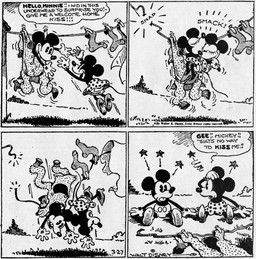 4_fingers anthro bottomwear clothed clothing dialogue duo eyelashes eyes_closed falling female fingers footwear gloves hand_on_own_head handwear high_heels kissing male male/female motion_lines onomatopoeia open_mouth outside shoes sitting skirt sound_effects speech_bubble text walt_disney_(artist) win_smith disney public_domain mickey_mouse minnie_mouse mammal mouse murid murine rodent 1930 20th_century absurd_res ancient_art black_and_white comic dated english_text hi_res monochrome signature