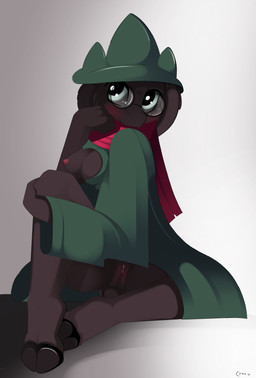 anthro areola black_body black_fur blush breasts brown_body brown_fur cape clothing cloven_hooves crossgender eyewear female floppy_ears fur genitals glasses hat headgear headwear hooves scarf solo vulva conrie deltarune undertale_(series) ralsei bovid caprine darkner goat mammal 2018 absurd_res hi_res