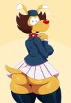 anthro big_butt blush breasts butt clothed clothing collar crossgender female flight_attendant fur looking_at_viewer looking_back rear_view red_nose solo uniform yellow_body yellow_fur sssonic2 inspector_gadget_(franchise) brain_(inspector_gadget) inspector_gadget canid canine canis domestic_dog mammal 2017 absurd_res hi_res