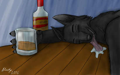 alcohol anthro beverage drunk furniture glass sleeping solo substance_intoxication table whiskey year blaiky canid canine canis mammal wolf 16:10 2016 widescreen
