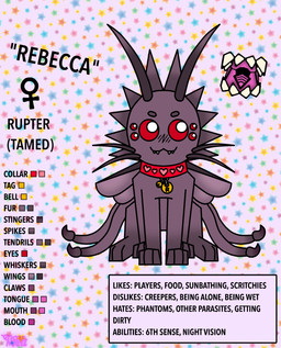 4_tails 6_legs ambiguous_gender antennae_(anatomy) bell bell_collar collar cute_fangs fangs female_symbol feral fur gender_symbol insect_wings multi_eye multi_tail parasite purple_body purple_fur solo spikes spikes_(anatomy) stinger stinger_tail symbol tail teeth text toony venomous whiskers wings anonymous_artist microsoft minecraft mojang xbox_game_studios arthropod felid feline insect mammal absurd_res english_text hi_res model_sheet female_(lore)
