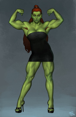armpit_hair big_breasts black_clothing black_dress body_hair breasts clothing dress female flexing footwear green_body high_heels humanoid_pointy_ears minidress muscular muscular_female muscular_humanoid not_furry pointy_ears pose quads shoes solo thick_thighs tube_dress tusks justsomenoob humanoid orc absurd_res hi_res