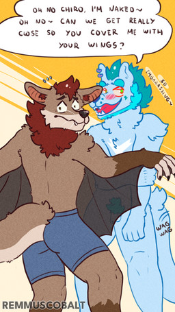 anthro balls dialogue duo embarrassed exhibitionism exposed genitals humiliation male male/male nude penis text remmus_cobalt bat canid canine canis domestic_dog hybrid mammal mustelid otter wolf wolfdog 4k 9:16 absurd_res comic english_text hi_res