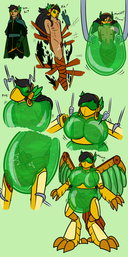 accessory balloon bdsm black_hair bondage bondage_sequence bound breast_growth breasts cape claws clothing collar cybernetics ear_piercing ear_ring feathers feet genitals gloves green_eyes growth hair handwear headband human_to_machine inflatable inflatable_transformation liquid machine male mask muffled mummification nipples partially_submerged penis piercing prosthetic prosthetic_limb ribbon_bondage ribbons ring_piercing soldering solo talons text toes torn_clothing transformation transformation_sequence transformation_through_technology vibrating visor wings sandentwins animate_inanimate cyborg human hybrid living_inflatable mammal 1:2 absurd_res english_text hi_res sequence