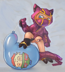 anthro balloon balloon_fetish clothing grey_background inflatable male mask print_balloon simple_background solo stomping young young_male badipoki league_of_legends riot_games tencent kennen_(lol) teemo_(lol) mammal yordle absurd_res hi_res adult_(lore)