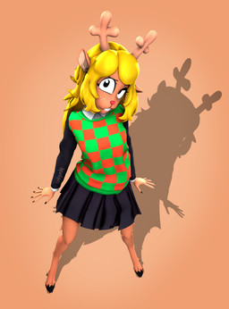 2_horns 5_fingers anthro antlers black_bottomwear black_clothing black_nails black_skirt blonde_hair bottomwear buckteeth cartoon_freckles checkered checkered_clothing checkered_shirt checkered_topwear clothing colored_nails eyebrows eyelashes female fingers freckled_face freckles fur hair high-angle_view hooves horn inner_ear_fluff long_eyelashes long_hair long_sleeves looking_at_viewer nails orange_background orange_body orange_fur pattern_clothing pattern_shirt pattern_topwear pleated_skirt raised_eyebrow red_nose school_uniform shadow shirt simple_background skirt solo teeth topwear tuft unguligrade uniform zelyonka nuke84_(modeler) deltarune undertale_(series) noelle_holiday deer mammal new_world_deer reindeer 2026 3d_(artwork) digital_media_(artwork) full-length_portrait hi_res portrait source_filmmaker_(artwork) watermark