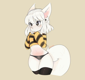 anthro black_clothing black_eyes black_legwear black_panties black_thigh_highs black_underwear blush body_blush breasts clothed clothing countershading cropped_sweater ear_piercing female fluffy fluffy_tail fur hair legwear midriff navel oversized_sleeves panties pattern_clothing pattern_sweater pattern_topwear piercing pink_body pink_countershading simple_background solo standing striped_clothing striped_sweater striped_topwear stripes sweater tail thigh_gap thigh_highs topwear underwear white_body white_fur white_hair squiidwave billy_(fredek666) domestic_cat felid feline felis mammal 2020 digital_media_(artwork) hi_res portrait signature three-quarter_portrait