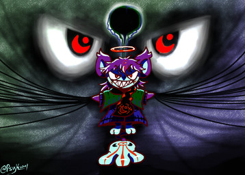 2_toes arms_out clenched_teeth clothing darkness darkness_manipulation evil_grin eyes_in_darkness feet glaring glaring_at_viewer glowing glowing_eyes halo looking_at_viewer male narrowed_eyes robe sharp_teeth smile solo stole_(clothing) tail tail_hand teeth toes unusual_anatomy unusual_tail psykwol nintendo pokemon dusk_(psykwol) aipom generation_2_pokemon haplorhine mammal monkey pokemon_(species) primate nonbinary_(lore)