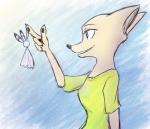 anthro blue_background blue_eyes claws clothed clothing female fur holding_object pawpads shirt side_view simple_background solo t-shirt topwear white_body white_fur marema_kishin disney zootopia skye_(zootopia) arctic_fox canid canine fox mammal true_fox 2018 digital_media_(artwork)