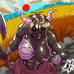 5_fingers abs african anthro axe bandage bandaged_arm bandaged_chest breasts female fingers horn presenting presenting_breasts pulling_bra smile smiling_at_viewer solo 5admansparade bovid bovine mammal hi_res