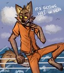 anthro blush body_hair brown_body brown_fur clothed clothing fur hair inmates_clothing long_tail looking_aside male male_anthro orange_jumpsuit simple_background smile solo tail text yellow_eyes taesponja dreamworks the_bad_guys mr._wolf_(the_bad_guys) canid canine canis mammal wolf absurd_res digital_drawing_(artwork) digital_media_(artwork) hi_res