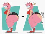 anthro arrow_sign big_butt bodily_fluids breasts butt butt_expansion clothed clothing exclamation_point expansion female green_eyes huge_butt hyper hyper_butt motion_lines solo sound_effects sweat tail thick_thighs mrxrickyx sega sonic_the_hedgehog_(series) amy_rose eulipotyphlan hedgehog mammal 2024