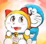 anthro bell blue_body blue_collar blue_fur collar duo female fur hug hugging_another hugging_from_behind looking_at_another looking_at_viewer machine male mouth_closed open_mouth pouch_(anatomy) red_collar red_nose sitting standing whiskers white_body white_fur mt_tg doraemon doraemon_(character) dorami domestic_cat felid feline felis mammal robot 2018 shaded