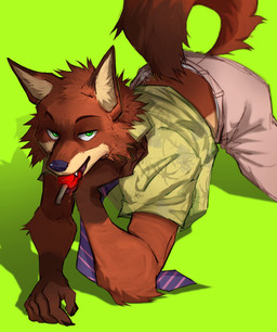 accessory anthro black_claws bottomwear brown_body brown_fur candy claws clothing dessert food fur fur_markings green_background green_eyes half-closed_eyes lollipop male markings narrowed_eyes necktie orange_body orange_fur pants shirt simple_background solo topwear excaliburwolf disney zootopia nick_wilde canid canine fox mammal 2024 hi_res