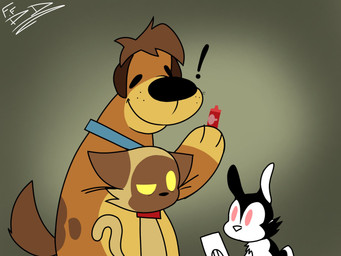 anthro black_body black_ears black_eyes black_fur black_nose black_tail blue_collar brown_body brown_ears brown_fur brown_hair brown_tail collar crayon exclamation_point fur group hair half-closed_eyes holding_crayon holding_object holding_photo long_ears looking_at_another male multicolored_body multicolored_fur narrowed_eyes one_eye_half-closed photo pink_eyes red_collar scut_tail short_tail smile standing tail trio two_tone_body two_tone_fur two_tone_tail white_body white_fur white_nose white_tail yellow_eyes sinnerbunny bunnicula_(series) bunnicula chester_(bunnicula) harold_(bunnicula) canid canine canis domestic_cat domestic_dog felid feline felis lagomorph leporid mammal rabbit vampire 2025 4:3 digital_media_(artwork) hi_res signature