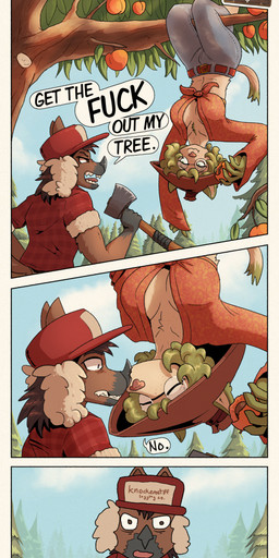 5_fingers alternative_fashion angry anthro anthro_on_anthro asian_conical_hat axe barefoot belt belt_buckle big_breasts black_body black_fur black_hair black_text blue_bottomwear blue_clothing blue_jeans blue_pants blue_sky bottomwear branch breasts brown_belt brown_body brown_bottomwear brown_clothing brown_ears brown_eyebrows brown_eyes brown_fur brown_hat brown_headwear brown_pants brown_tail brown_text buckle cleavage clothed clothing cloud day denim denim_bottomwear denim_clothing dialogue dipstick_tail duo eating evergreen_tree eyebrows eyelashes eyes_closed eyewear feet female female/female female_anthro fingers food forest fruit fruit_tree fur furgonomic_headwear furgonomics glasses green_body green_ears green_eyebrows green_eyes green_fur green_hair green_tail green_tail_tip hair hanging_from_branch hat headgear headwear hippie holding_axe holding_object humanoid_hands jeans kissing leaf long_hair long_sleeves lumberjack markings midriff multicolored_body multicolored_clothing multicolored_fur multicolored_shirt multicolored_topwear nose_kiss nose_spike open_mouth outside pants pattern_clothing pattern_shirt pattern_topwear peach_(fruit) peach_tree pine_tree pink_nose pink_tongue plaid plaid_clothing plaid_shirt plaid_topwear plant pointy_ears prick_ears profanity red_clothing red_hat red_headwear red_shirt red_topwear round_glasses shirt short_hair short_sleeves sky snout speech_bubble surprise_kiss surprised tail tail_markings talking_to_another teeth text text_on_clothing text_on_hat text_on_headwear tongue topwear tree two_tone_body two_tone_clothing two_tone_fur two_tone_hat two_tone_shirt two_tone_tail two_tone_topwear upside_down white_body white_clothing white_fur white_hat white_headwear white_inner_ear white_tail wide_eyed yelling yellow_clothing yellow_shirt yellow_topwear posspowered shocked_tails genna_sherman_(posspowered) greta_fullday_(posspowered) axehandle_hound canid canine fearsome_critter felid feline mammal teakettler 2025 absurd_res comic english_text hi_res meme