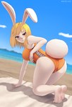 :3 anthro beach bent_over big_breasts blonde_hair breasts clothing feet female fluffy fluffy_tail hair humanoid_feet looking_at_viewer looking_back one-piece_swimsuit orange_clothing orange_swimwear plantigrade seaside sideless_clothing sideless_swimsuit soles solo swimwear tail toes rocky-ace one_piece carrot_(one_piece) lagomorph leporid mammal minkmen_(one_piece) rabbit hi_res