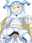 ambiguous_gender big_breasts blonde_hair breasts clothing duo female green_eyes hair light_body light_skin looking_at_viewer restrained restrained_arms restrained_legs spread_legs spreading suit white_clothing white_suit okra_sticky nintendo pokemon lusamine_(pokemon) generation_7_pokemon human mammal nihilego pokemon_(species) ultra_beast 3:4 absurd_res digital_media_(artwork) hi_res