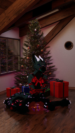 ambiguous_gender animal_genitalia anthro blue_body blue_fur bound bow_tie box christmas_decorations christmas_lights christmas_tree container female fur genital_slit genitals gift gift_box gift_wrapped holidays horn looking_at_viewer plant ribbon_gag sitting solo tongue tongue_out tree wrapped wrapped_arms wrapped_legs kikiro christmas mythology kikiro_(kikiro) dragon furred_dragon furred_scalie moonfang mythological_creature mythological_scalie scalie 3d_(artwork) 4k 9:16 absurd_res digital_media_(artwork) hi_res