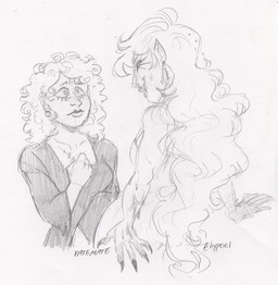breasts chest_scar claws clothed clothing collarbone curly_hair duo ear_piercing ear_ring eye_contact eyebrows eyelashes female finger_claws grin hair humanoid_pointy_ears lips long_hair looking_at_another piercing pointy_ears ring_piercing scar smile ed_mortis human humanoid mammal 2024 graphite_(artwork) greyscale monochrome sketch traditional_media_(artwork)