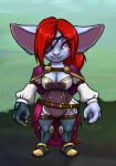 boots breasts cape cleavage clothed clothing eye_patch eyewear female footwear hair legwear looking_at_viewer pink_eyes prosthetic prosthetic_limb red_hair shirt shoes short_stack simple_background smile solo standing thigh_highs topwear furball league_of_legends riot_games tencent wyla_(furball) humanoid yordle 2019