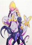 anthro black_body blush blush_lines breasts claws covering covering_crotch duo eyelashes fangs featureless_crotch female female/female grey_body hand_on_chest looking_at_another looking_at_viewer looking_back narrowed_eyes navel non-mammal_breasts non-mammal_navel open_mouth pink_eyes pokemorph purple_eyes simple_background size_difference small_breasts tail teeth under_boob 025aki nintendo pokemon generation_7_pokemon kommo-o pokemon_(species) salazzle scalie 2025 absurd_res dated hi_res signature