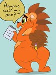 anthro big_butt blue_background bubble_butt butt dialogue fur green_eyes male notebook open_mouth orange_body orange_fur pencil simple_background solo speech_bubble standing text genialgroucho hasbro littlest_pet_shop littlest_pet_shop_(2012) russell_ferguson eulipotyphlan hedgehog mammal 2015 english_text