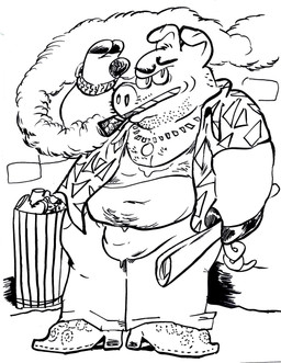 anthro belly bulge cigar clothing detailed_bulge gold_watch hooves male overweight shirt snout solo stubble tank_top topwear trash billy_fore domestic_pig mammal suid suine sus_(pig) hi_res monochrome
