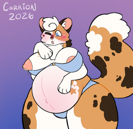 anthro belly belly_blush big_breasts blush blush_lines bodily_fluids body_blush bra breasts calico_pattern clothing embarrassed female lactating leaking_breasts nipple_slip nipples one_eye_closed panties pregnant pregnant_anthro pregnant_female shocked shy solo standing thick_thighs underwear saberbutt calico_cat domestic_cat felid feline felis longhair_cat mammal half-length_portrait hi_res portrait