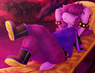 anthro armwear boots bottomwear breasts clothed clothing female footwear fully_clothed hair hair_over_eye jacket leaning leaning_backward messy_hair non-mammal_breasts one_eye_obstructed pants purple_body purple_clothing purple_hair purple_scales red_eyes scales shirt shoes short_tail solo tail tomboy topwear yellow_sclera dimwitdog deltarune undertale_(series) susie_(deltarune) reptile scalie 2018 absurd_res hi_res