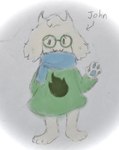 4_fingers 4_toes anthro barefoot blue_pawpads blue_paws blue_scarf bottomless clothed clothing dot_eyes eyewear fangs feet fingers floppy_ears fluffy fluffy_ears fur gesture glasses green_clothing green_eyewear green_glasses hand_behind_back head_tuft hindpaw horn male neckwear nervous nervous_smile no_shoes pawpads paws robe round_glasses scarf shirt short shy simple_background simple_eyes smile solo standing teeth toes topwear tuft tunic waving waving_at_viewer white_background white_body white_fur wdkinc deltarune undertale_(series) fan_character john_(deltarune) bovid caprine goat humanoid mammal graphite_(artwork) sketch traditional_media_(artwork)